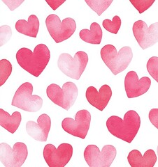 Watercolor pink hearts pattern on a white background, seamless and cute.