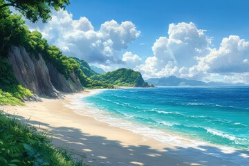 Tropical beach landscape with lush cliffs, clear blue water, and vibrant clouds under bright sunlight in a serene location