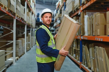 Warehouse worker in blue uniform holding a large cardboard box. Stacks of boxes are visible in the background