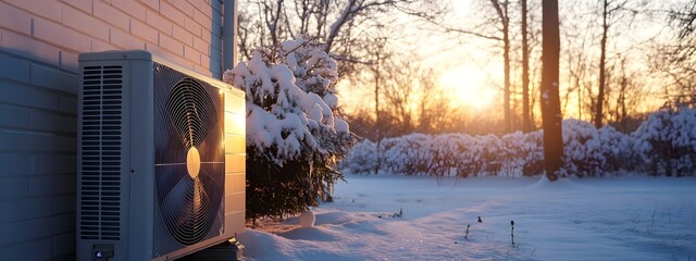 A heat pump on the side of an electric house in winter, with snow-covered ground and trees under sunset lighting