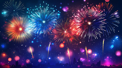 Fototapeta premium A vibrant display of fireworks lighting up the night sky over a city skyline.