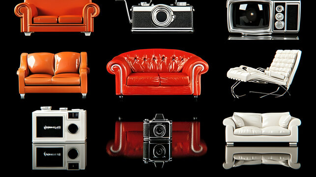 Miniature furniture, cameras, and TV on black reflective surface; nostalgic media & home decor collage.