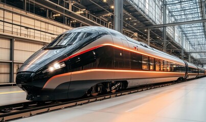 Fototapeta premium Moving high-speed train. Transport, travelling, logistics, and tourism concept, Generative AI