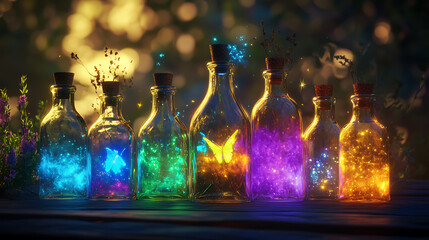 A collection of glowing potion bottles with colorful contents and magical elements.