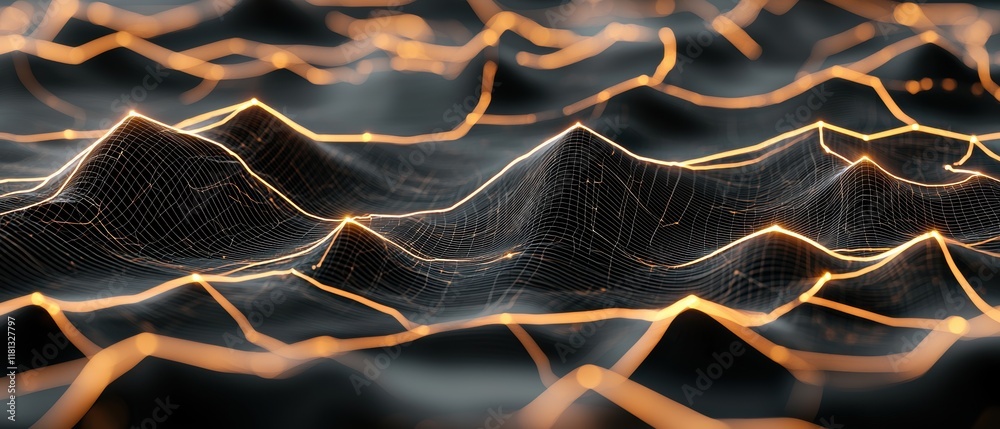 Poster A digital landscape featuring undulating waves of light and dark, creating an abstract visual effect reminiscent of mountains or sound waves.