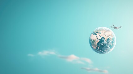 Naklejka premium Earth with futuristic vehicles like drones and electric cars orbiting it