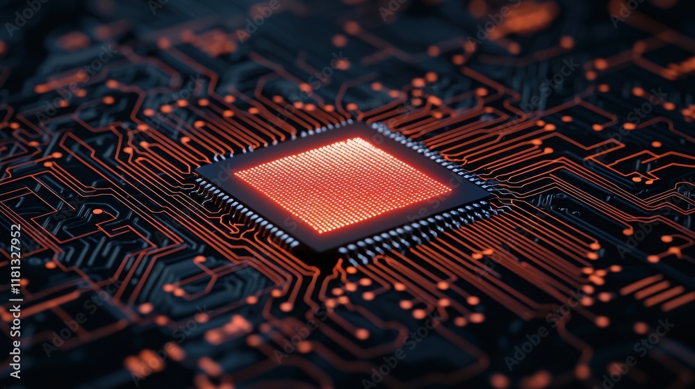 Fototapete A close-up view of a circuit board featuring a glowing microchip, illustrating advanced technology and digital connections.