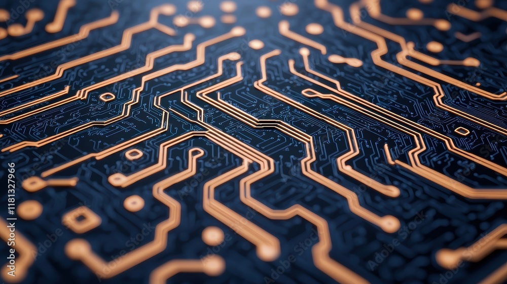 Poster A close-up view of a circuit board showcasing intricate copper pathways on a dark substrate, emphasizing technology and connectivity.