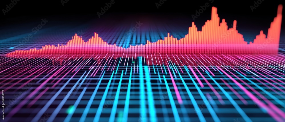 Aufkleber A vibrant digital audio waveform visualization in neon colors, representing sound frequencies displayed on a grid background.