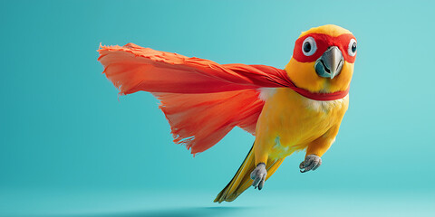 Superhero parrot in action studio setting 3d animation colorful environment dynamic viewpoint fun concept for kids entertainment