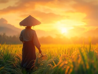Fototapeta premium Graceful Woman Enjoying Serenity in Lush Green Grass Field Under a Bright Blue Sky on a Sunny Day