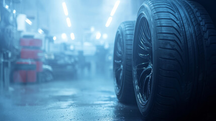 New tires installation in a modern auto repair shop garage