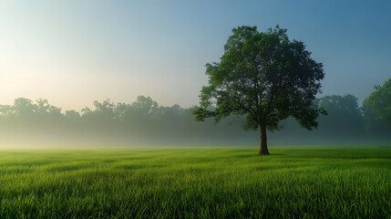 Beautiful park landscape featuring trees and green grass in the morning