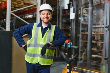 warehouse worker driving forklift. Warehouse worker preparing products for shipmennt, delivery,...