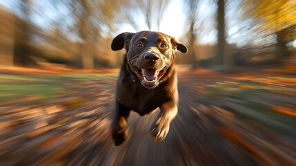 Playful chocolate Labrador Retriever running through a park with motion blur capturing its energy and excitement