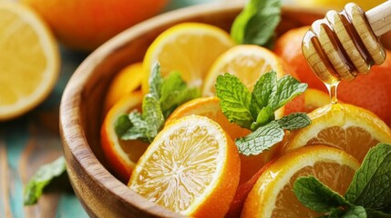 A delightful bowl filled with juicy oranges and lemons showcases vibrant citrus slices complemented by fresh mint leaves. Honey is drizzled over, enhancing flavors perfectly