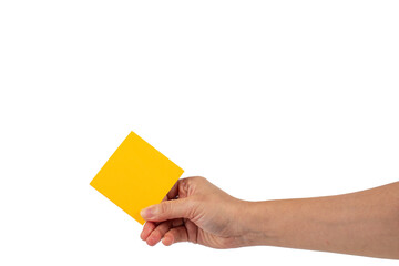 Obraz premium Paper stickers in hand. Hand holding a orange sticker. Notes for the message, transparent background.