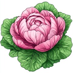 Obraz premium Pink Cabbage Flower: A Botanical Illustration of Delicate Petals and Lush Green Leaves