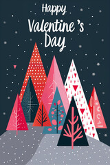Modern Valentine's Day card with geometric pink trees
