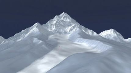 Obraz premium A snowy mountain landscape with a prominent peak and a glacial area below.