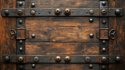 Fototapeta premium Old wooden door secured with metal bars and key locking mechanism