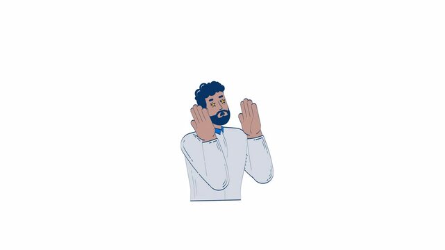 Bearded black man with starry eyes showing excitement 2D character doodle animation. Amazed reaction cartoon 4K video drawing. African american guy starstruck animated person on white background