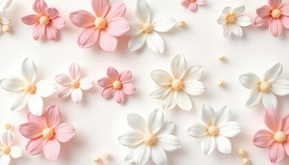 Obraz premium Soft Pink and White Flower Arrangement on White Background: Pastel Floral Pattern for Spring or Wedding Design