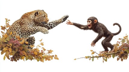 Obraz premium A leopard leaps toward a monkey reaching out, set against autumn foliage.
