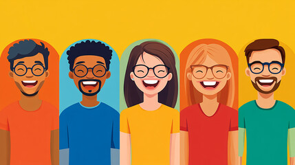 A vector illustration of a group of smiling service team members, dressed in bright colors, radiating positivity and teamwork.


