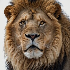 Fototapeta premium A stunning lion with its eyes intense and focused, its mane full of life, set against a clear white background.