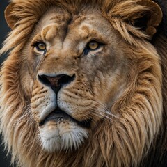 A beautiful close-up of a lion’s face, with intricate details of its mane, against a solid white background.