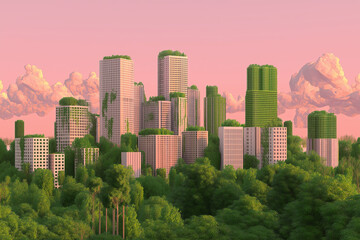A fractal cityscape with skyscrapers made of repeating geometric shapes