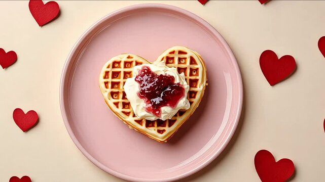 heart shaped waffles with whipped cream and jam on pink plate. romantic valentines day breakfast