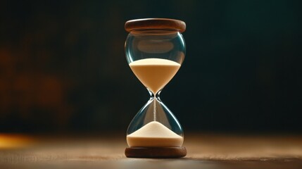 antique hourglass with fine sand flowing steadily, set against a dark, dramatic background