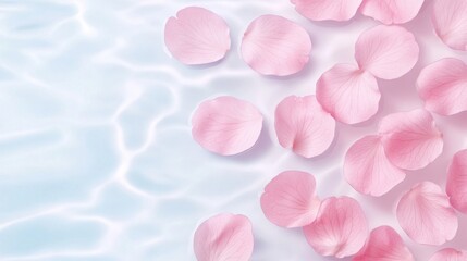 Obraz premium pink cherry blossom petals drifting on a mirror-like water surface, subtle reflections creating a dreamy effect