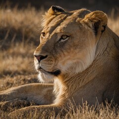 Obraz premium A lioness resting peacefully, her fur shining in the sunlight, with a clear white background behind her.
