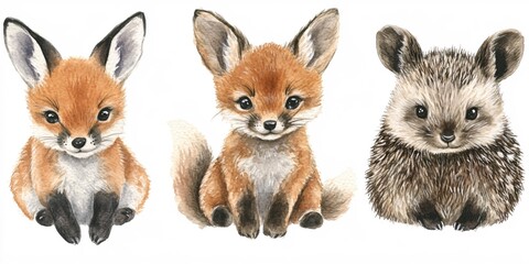 Cute Baby Animals: Fox and Hedgehog Illustrations with Detailed Realistic Features