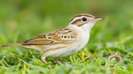 Fototapeta premium A small bird foraging on grass, near a worm.