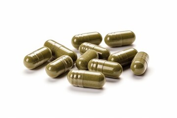 Isolated Green Herbal Capsules on White Background for Natural Remedies and Health Supplements Promotion