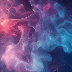 A swirling digital smoke effect in shades of teal, magenta, and violet.