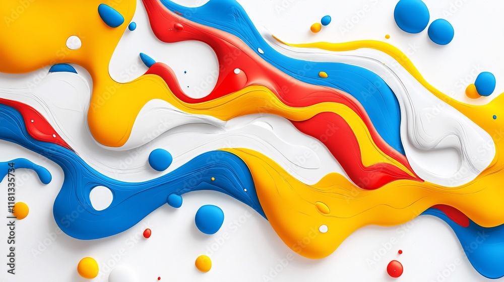 Poster abstract colorful paint swirls and drops on white background.