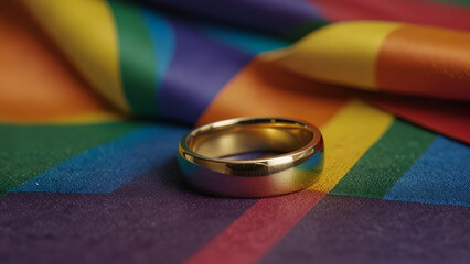  Elegant Wedding Rings Resting on Vibrant LGBT Flag, Symbolizing Love and Unity Across All Identities