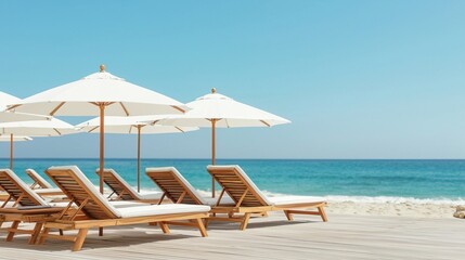 Obraz premium Stylish Beach Umbrella and Lounge Chair Set, Beach accessories summer concept.