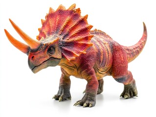 Fototapeta premium A colorful toy model of a Triceratops dinosaur with vibrant details and textures.