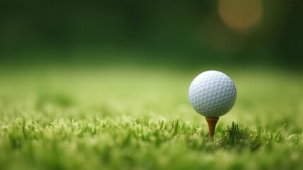 Close-up View of a Golf Ball Positioned on a Tee Surrounded by Fresh Green Grass in Natural Lighting