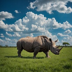Fototapeta premium A rhinoceros in a lush green field under a blue sky dotted with fluffy clouds.