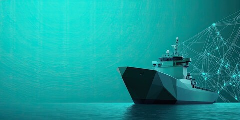 A futuristic ship navigates through a digital ocean, blending technology and maritime elements in a vibrant, teal environment.