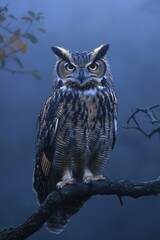 Obraz premium A majestic owl perched on a branch in a misty forest setting.