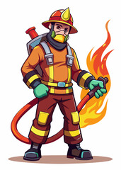Professional firefighter in safety uniform with a fire hose, prepared for emergency response. Isolated vector character.
