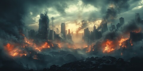 Fototapeta premium Apocalyptic cityscape burning in fiery chaos under dark clouds